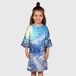 Платье клеш для девочки Зимняя новогодняя деревня, цвет: 3D-принт — фото 2