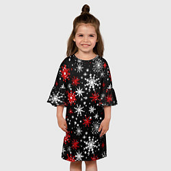 Платье клеш для девочки Белые и красные снежинки на черном фоне - нейросет, цвет: 3D-принт — фото 2