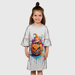 Платье клеш для девочки Хэллоуинская тыква в красках, цвет: 3D-принт — фото 2