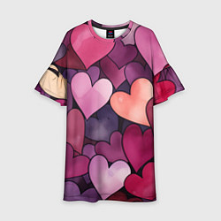 Платье клеш для девочки Много акварельных сердец, цвет: 3D-принт