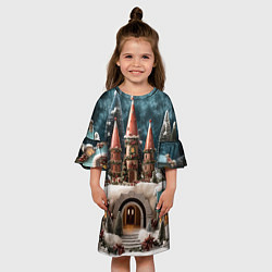 Платье клеш для девочки Деревенские домики зимой, цвет: 3D-принт — фото 2