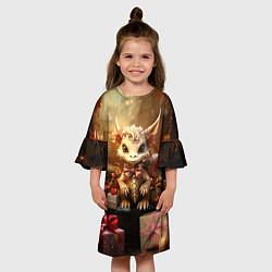 Платье клеш для девочки Белый новогодний дракон с подарками, цвет: 3D-принт — фото 2