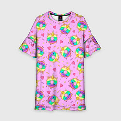 Платье клеш для девочки Пончики единороги, цвет: 3D-принт