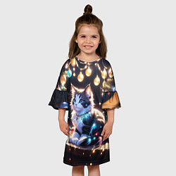 Платье клеш для девочки Кот и новогодние украшения, цвет: 3D-принт — фото 2
