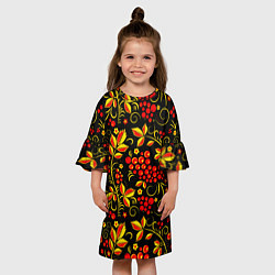 Платье клеш для девочки Хохломская роспись золотистые листья чёрном фоне, цвет: 3D-принт — фото 2