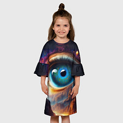 Платье клеш для девочки Голубой глаз в небе над домами на вершине горы, цвет: 3D-принт — фото 2