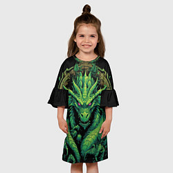 Платье клеш для девочки Зеленый яркий неоновый дракон, цвет: 3D-принт — фото 2
