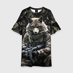 Платье клеш для девочки Волк солдат в камуфляже, цвет: 3D-принт