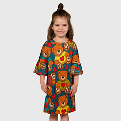 Платье клеш для девочки Мишки игрушки в цветных свитерах и сердечки, цвет: 3D-принт — фото 2