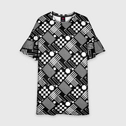 Платье клеш для девочки Черно белый узор из геометрических фигур, цвет: 3D-принт