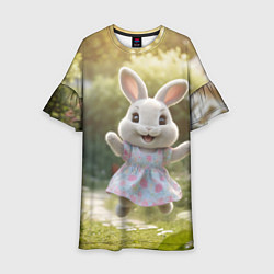 Платье клеш для девочки Забавный белый кролик в платье, цвет: 3D-принт