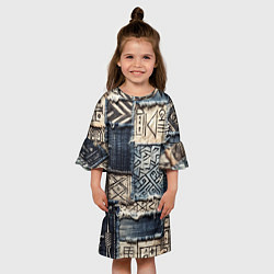 Платье клеш для девочки Геометрия на пэчворк дениме, цвет: 3D-принт — фото 2
