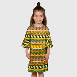 Платье клеш для девочки Оливково желтый полосатый тропический узор, цвет: 3D-принт — фото 2