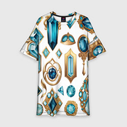 Платье клеш для девочки Драгоценности с аквамаринами и топазами на белом ф, цвет: 3D-принт