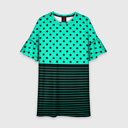 Платье клеш для девочки Мятный зелёный в чёрный горошек и полоски, цвет: 3D-принт