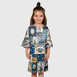 Платье клеш для девочки Джинсовый пэчворк с пришельцами, цвет: 3D-принт — фото 2