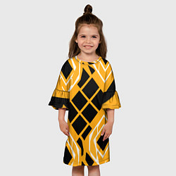 Платье клеш для девочки Чёрные квадраты и белые полосы на оранжевом фоне, цвет: 3D-принт — фото 2
