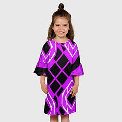 Платье клеш для девочки Чёрные квадраты и белые полосы на фиолетовом фоне, цвет: 3D-принт — фото 2