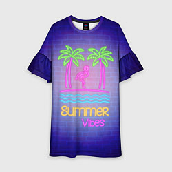 Платье клеш для девочки Неоновые пальмы и фламинго summer vibes, цвет: 3D-принт