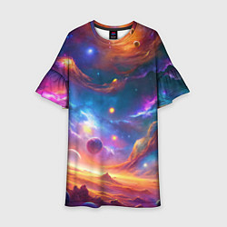 Платье клеш для девочки Космический пейзаж яркий с галактиками, цвет: 3D-принт
