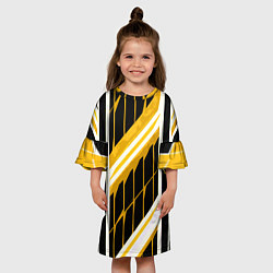 Платье клеш для девочки Бело-жёлтые линии на чёрном фоне, цвет: 3D-принт — фото 2