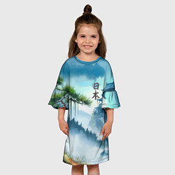 Платье клеш для девочки Японский пейзаж - акварель живопись, цвет: 3D-принт — фото 2