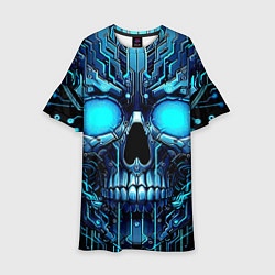 Платье клеш для девочки Неоновый кибер череп - нейроарт микросхема, цвет: 3D-принт