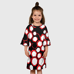 Платье клеш для девочки Красно-белые шестиугольники на чёрном фоне, цвет: 3D-принт — фото 2