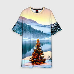 Платье клеш для девочки Новогодняя елочка на берегу озера, цвет: 3D-принт