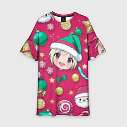 Платье клеш для девочки Новогодние рисунки аниме, цвет: 3D-принт