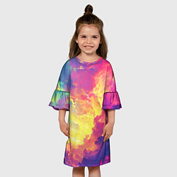 Платье клеш для девочки Розовые облака на синем небе, цвет: 3D-принт — фото 2