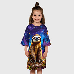 Платье клеш для девочки Ленивец и звездное небо, цвет: 3D-принт — фото 2