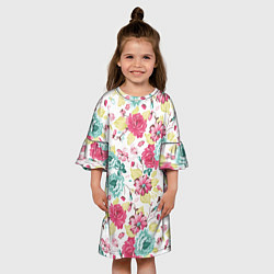 Платье клеш для девочки Розы красные и бирюзовые, цвет: 3D-принт — фото 2