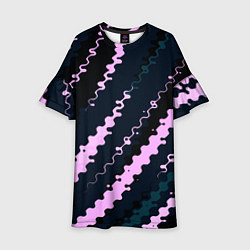Платье клеш для девочки Тёмно-синий с розовым искажённые полосы, цвет: 3D-принт