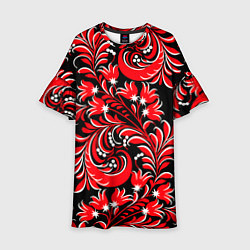 Платье клеш для девочки Хохлома - красная роспись, цвет: 3D-принт