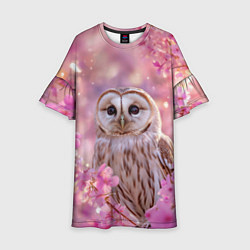 Детское платье Белая сова и розовые цветы