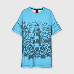 Платье клеш для девочки Маяк с розами и кораблем, цвет: 3D-принт