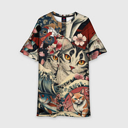 Детское платье Котики и рыбки в сакуре