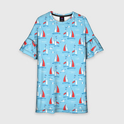 Детское платье Морской паттерн с парусными лодками и чайками
