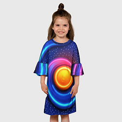 Платье клеш для девочки Оранжевый круг и голубые линии текстура, цвет: 3D-принт — фото 2
