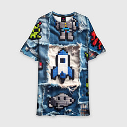 Платье клеш для девочки Космический пиксельный корабль, цвет: 3D-принт