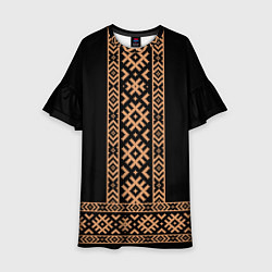 Платье клеш для девочки Славянский золотой узор на черном - вышиванка руба, цвет: 3D-принт