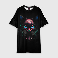 Платье клеш для девочки Cyber cat неоновые глаза, цвет: 3D-принт