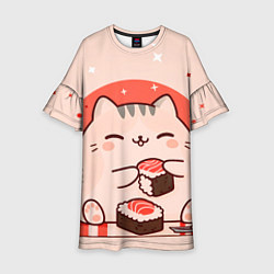 Платье клеш для девочки Милый кот ест суши, цвет: 3D-принт