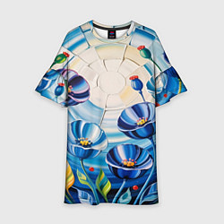 Платье клеш для девочки Импасто - синие маки в поле, цвет: 3D-принт