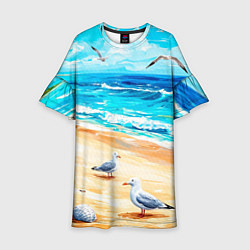 Платье клеш для девочки Море чайки пляж, цвет: 3D-принт