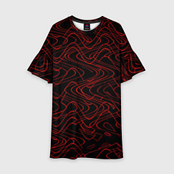 Платье клеш для девочки Чёрный с красными волнистыми линиями абстракция, цвет: 3D-принт