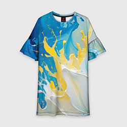 Платье клеш для девочки Масляные краски, брызги, желтые белые синие цвета, цвет: 3D-принт
