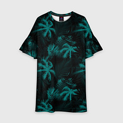 Платье клеш для девочки Palm light blue dark, цвет: 3D-принт