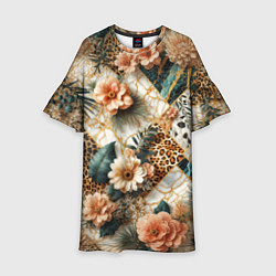 Платье клеш для девочки Цветы на кусках мрамора и леопардовом узоре, цвет: 3D-принт